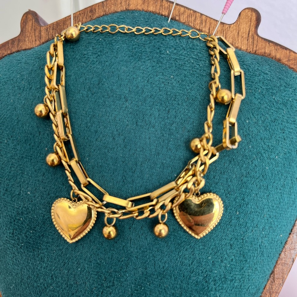 Gold Heart Charm Layered Bracelet with Hearts & Beads